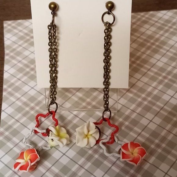 Hand Crafted Jewelry - Home made/handmade Metal Dangle Stud Earrings with Acrylic Flowers Metal Rings